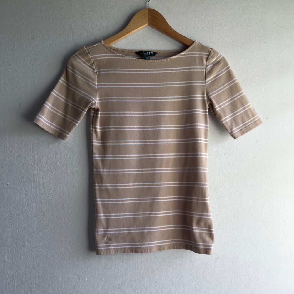 Lauren Ralph Lauren Striped Boat Neck Top Womens XS Tan Coastal Preppy Slim Fit